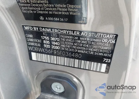 2005 Mercedes-Benz Slk 350 from USA, damaged, VIN WDBWK56F95F036480